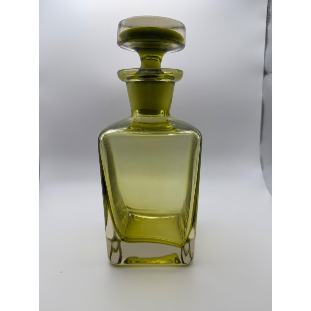 Vintage Olive Green Glass Decanter Square Bottle with Stopper Mid Century Modern